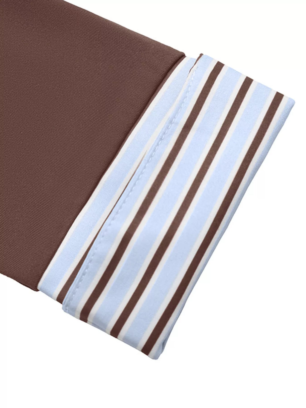 Brown bodysuit sleeve cuff with blue-and-brown striped trim