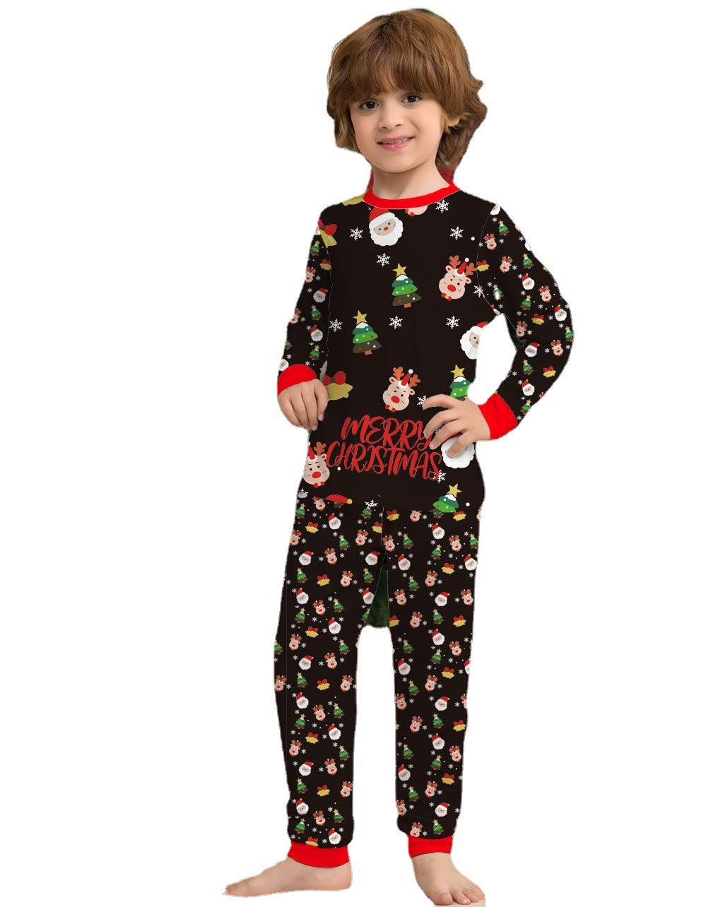 Children's Christmas pajama set with dark print, red neckline, and red ankle cuffs
