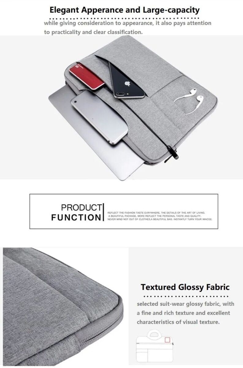 Gray laptop bag with front organizer holding a phone, cards, and a laptop-sized device