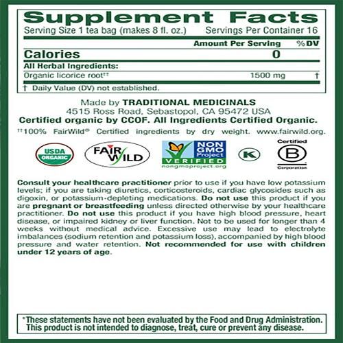 Traditional Medicinals licorice root herbal tea box back panel with supplement facts table