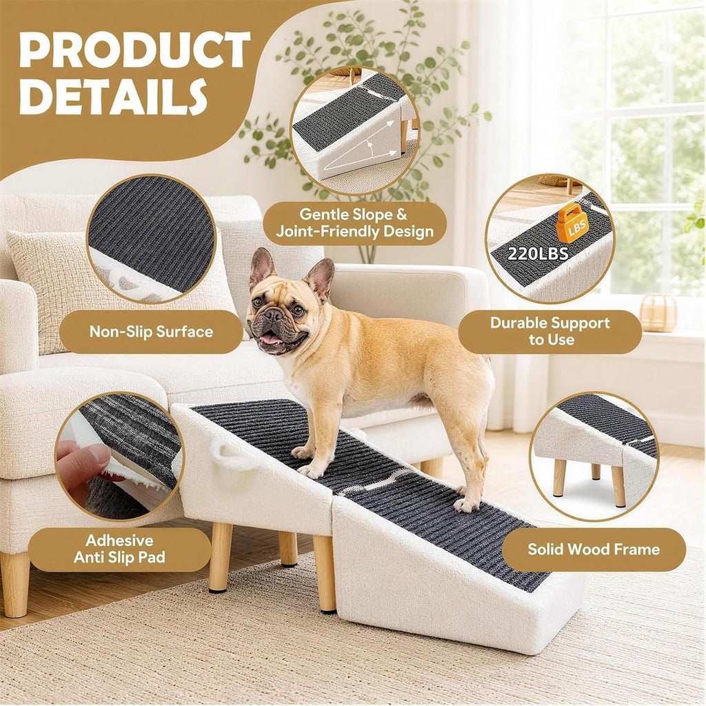 White wooden dog ramp ottoman with non-slip tread, folding design, and solid wood legs