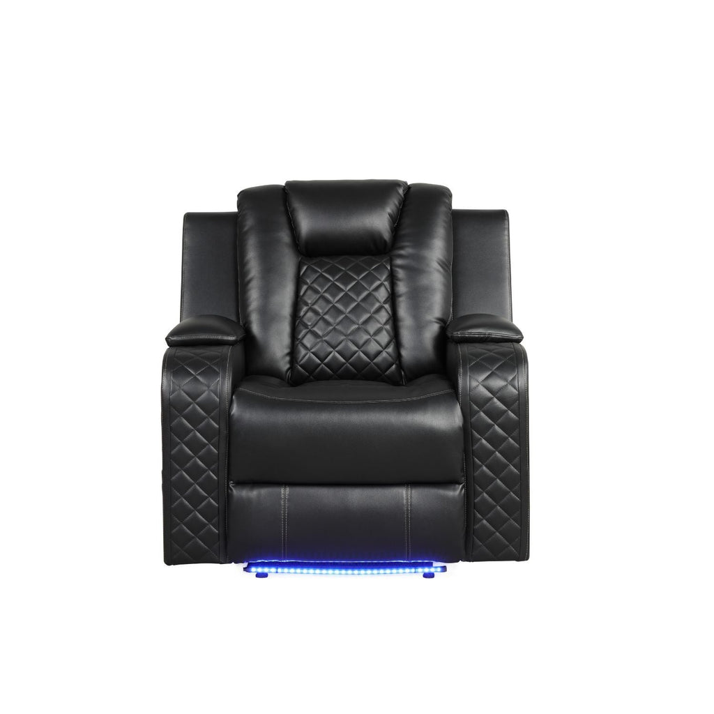 Black LED power recliner chair with quilted center back panel and blue LED light strip