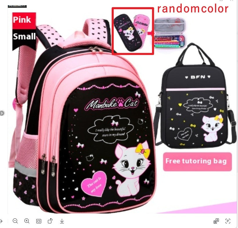 Pink kids cat print backpack with black starry panel and cat graphic; black pouch included.