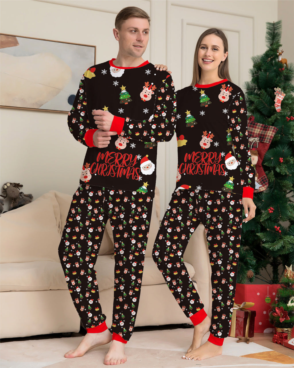 Adults Christmas pajama set in dark fabric with colorful icons and red-trim cuffs