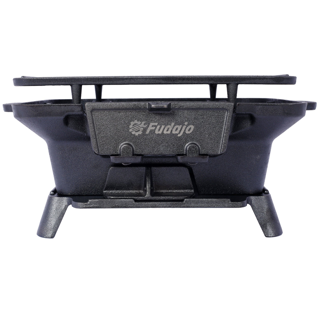 Oval cast iron tabletop grill with front Fudajo control panel and latch, dark finish