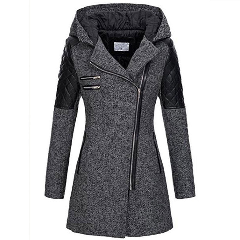 Women’s wool coat with hood, quilted sleeves, diagonal full zip, dark gray textured fabric