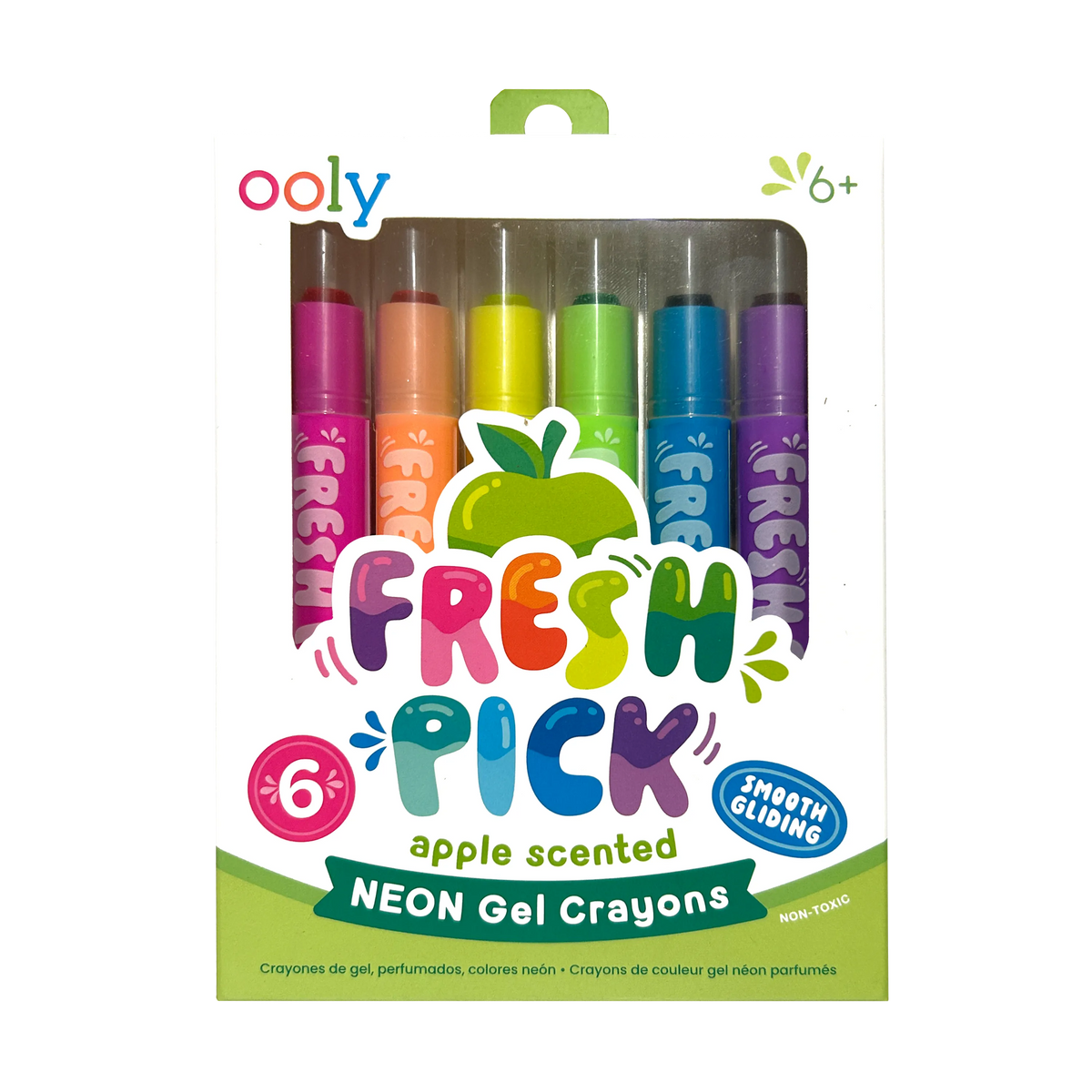 Apple-scented neon gel crayon set in plastic case, 6 colors