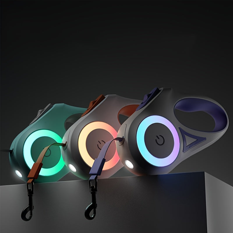 Retractable LED pet leashes in multiple colors with U-shaped handles and glowing buttons
