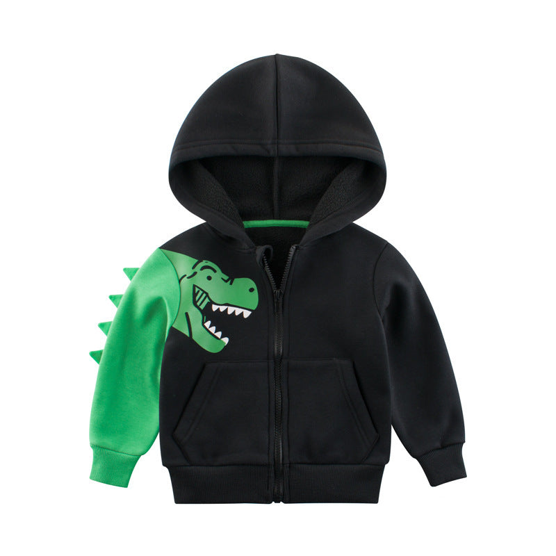 Black children's zip hoodie sweater with green dinosaur cartoon print, front pockets