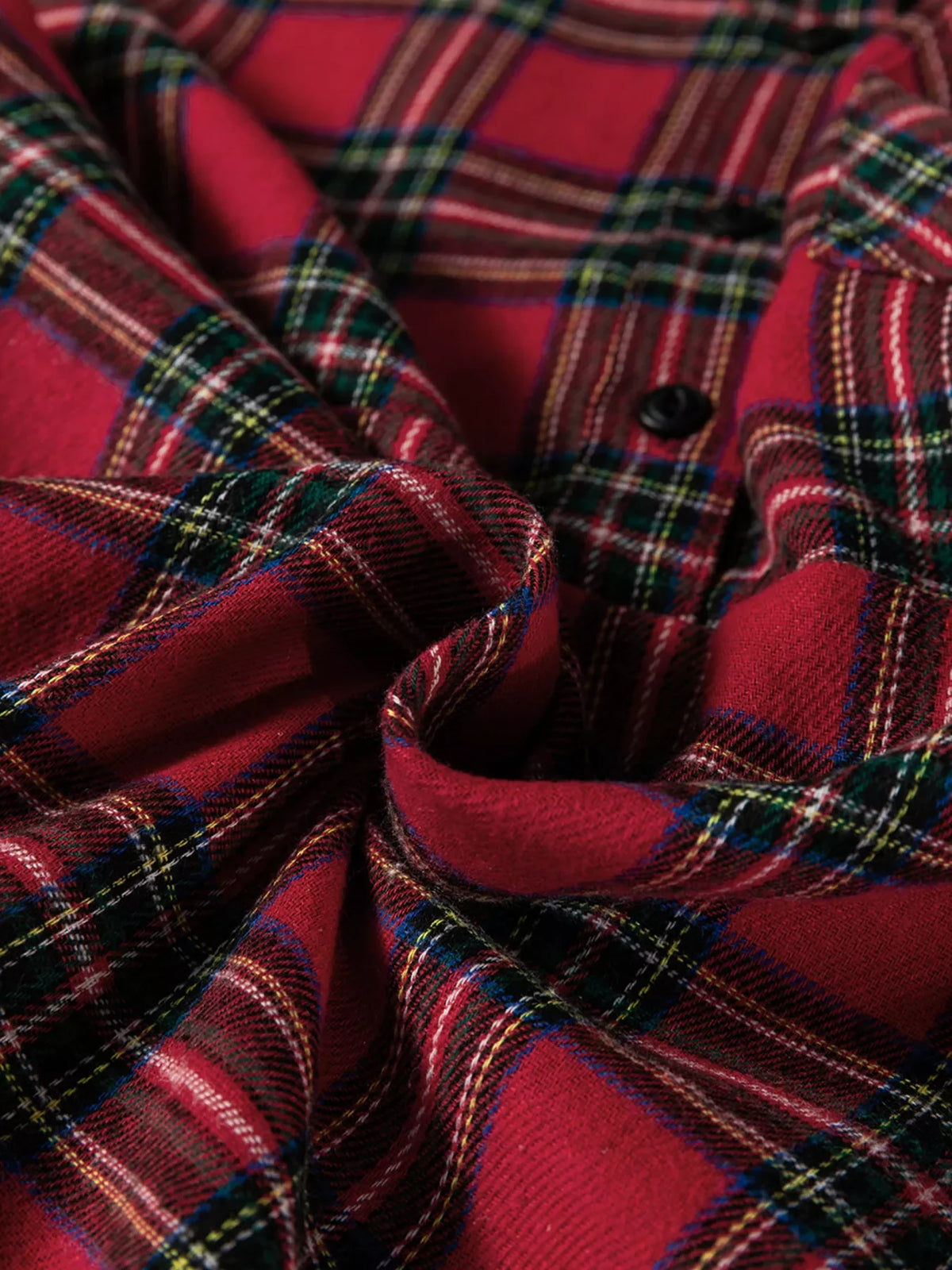 Burgundy plaid collar and gathered neckline with half-button styling