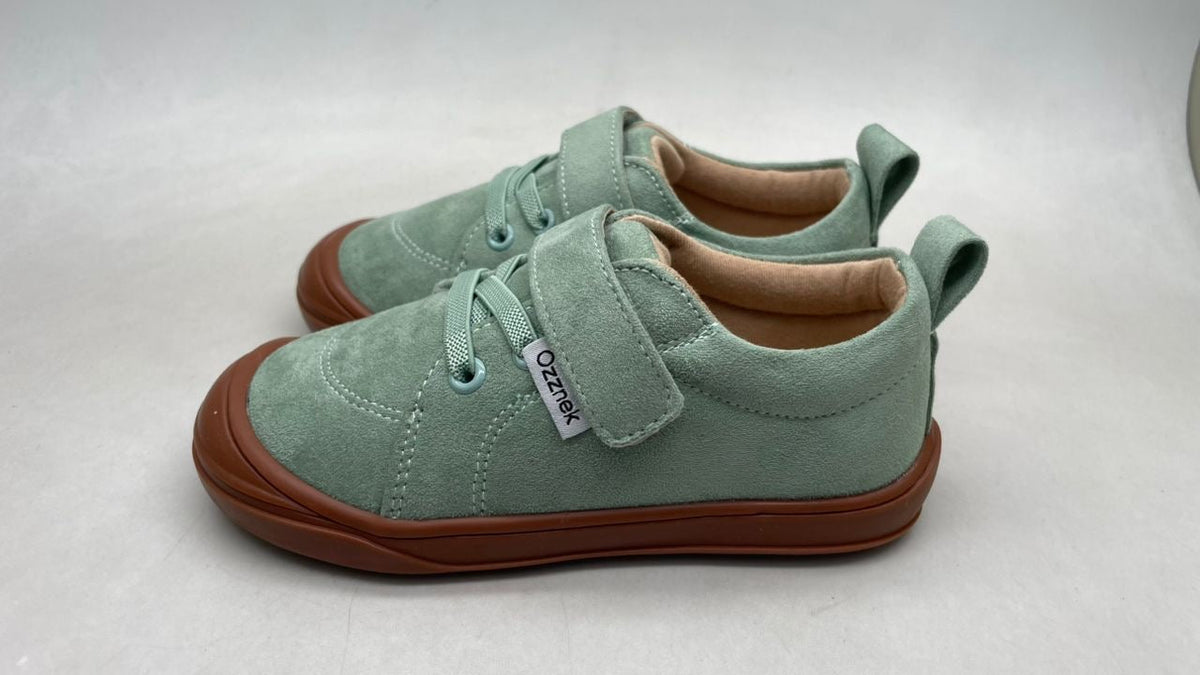Kids mint-green barefoot sneakers with hook strap details and brown outsole