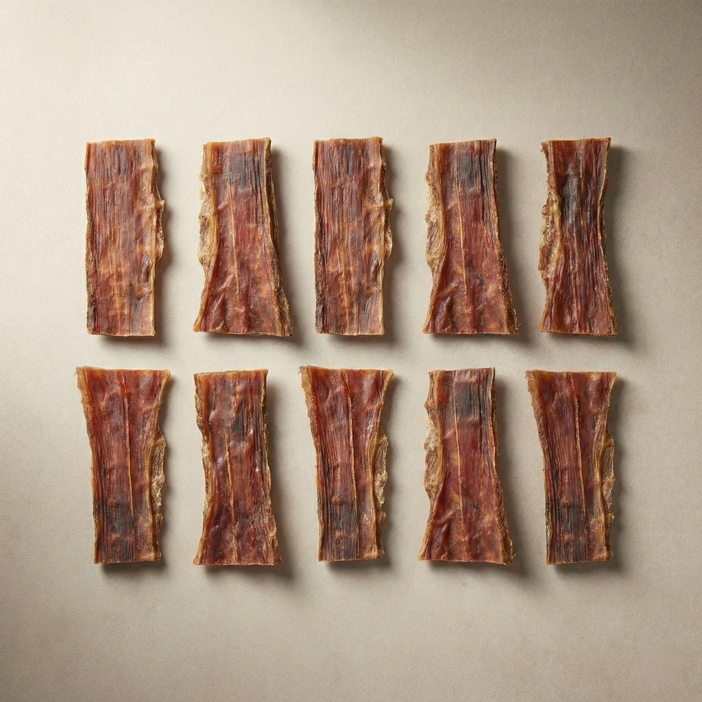 Beef gullet chew strips, dried brown meat pieces laid in two rows