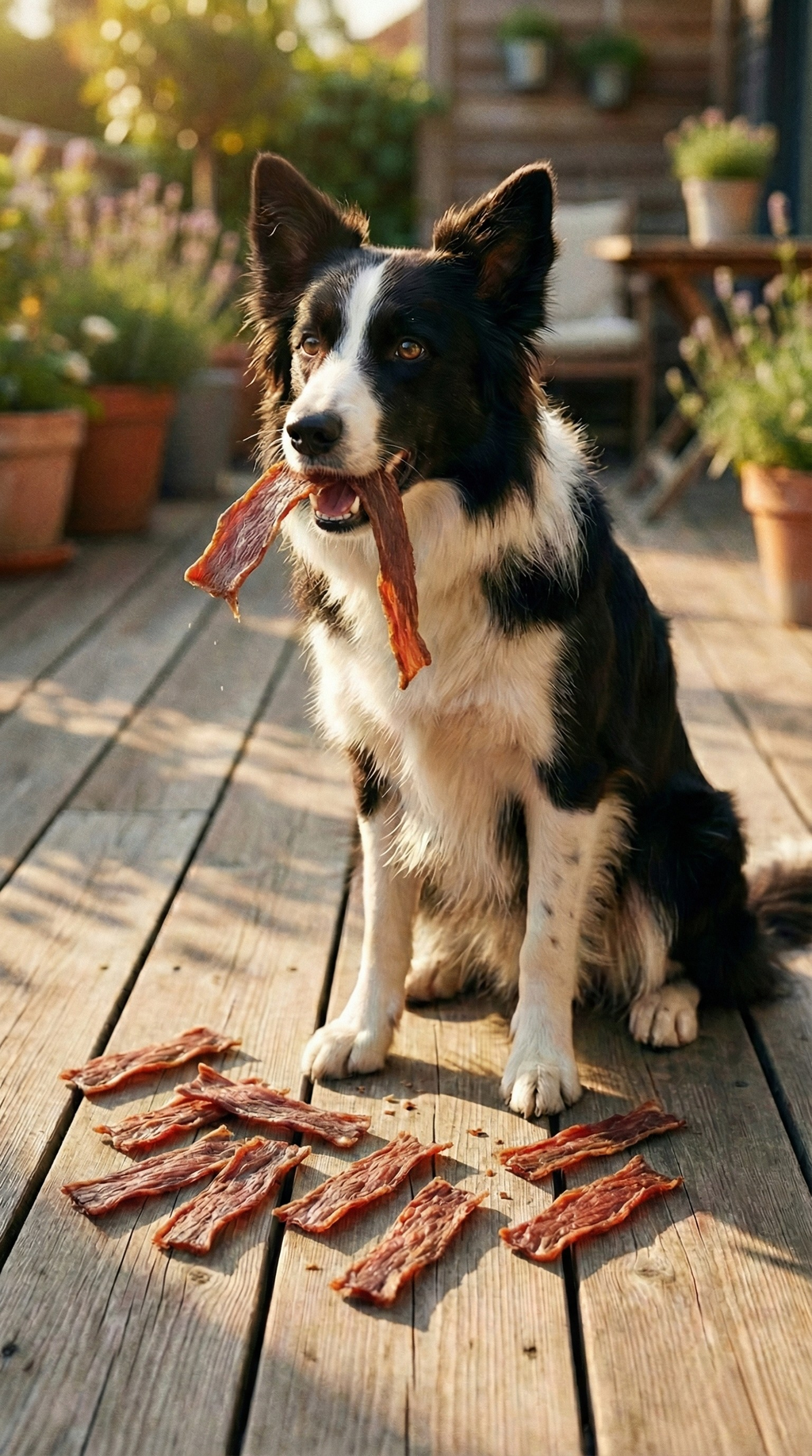 Beef gullet dog chews with a dog and scattered strips on wood