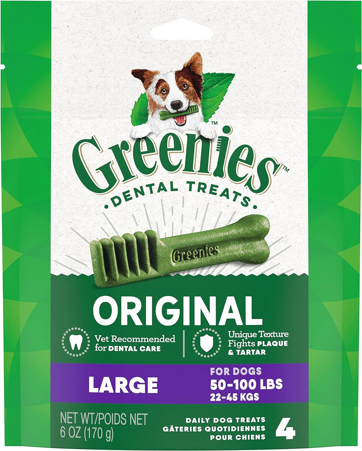 Greenies Original large dog dental treat package with green chew illustration