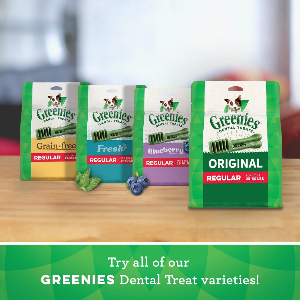 Greenies Original dental treat bags with variety packs, green packaging
