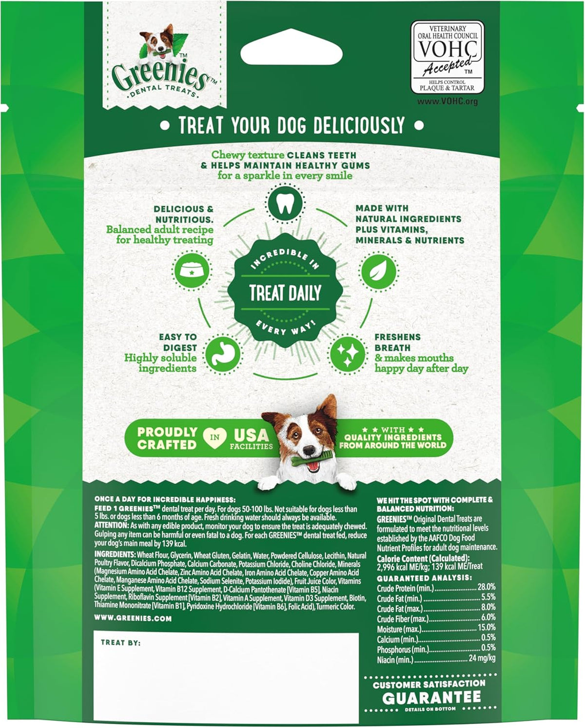 Greenies Original large dog dental treat package back with ingredients and nutrition panel