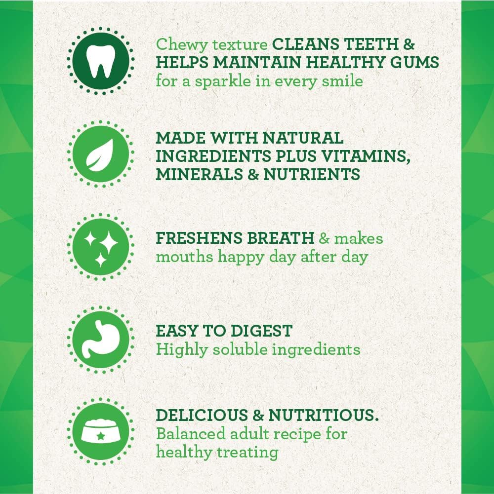 Greenies green dental chew with package icons for teeth and gum health