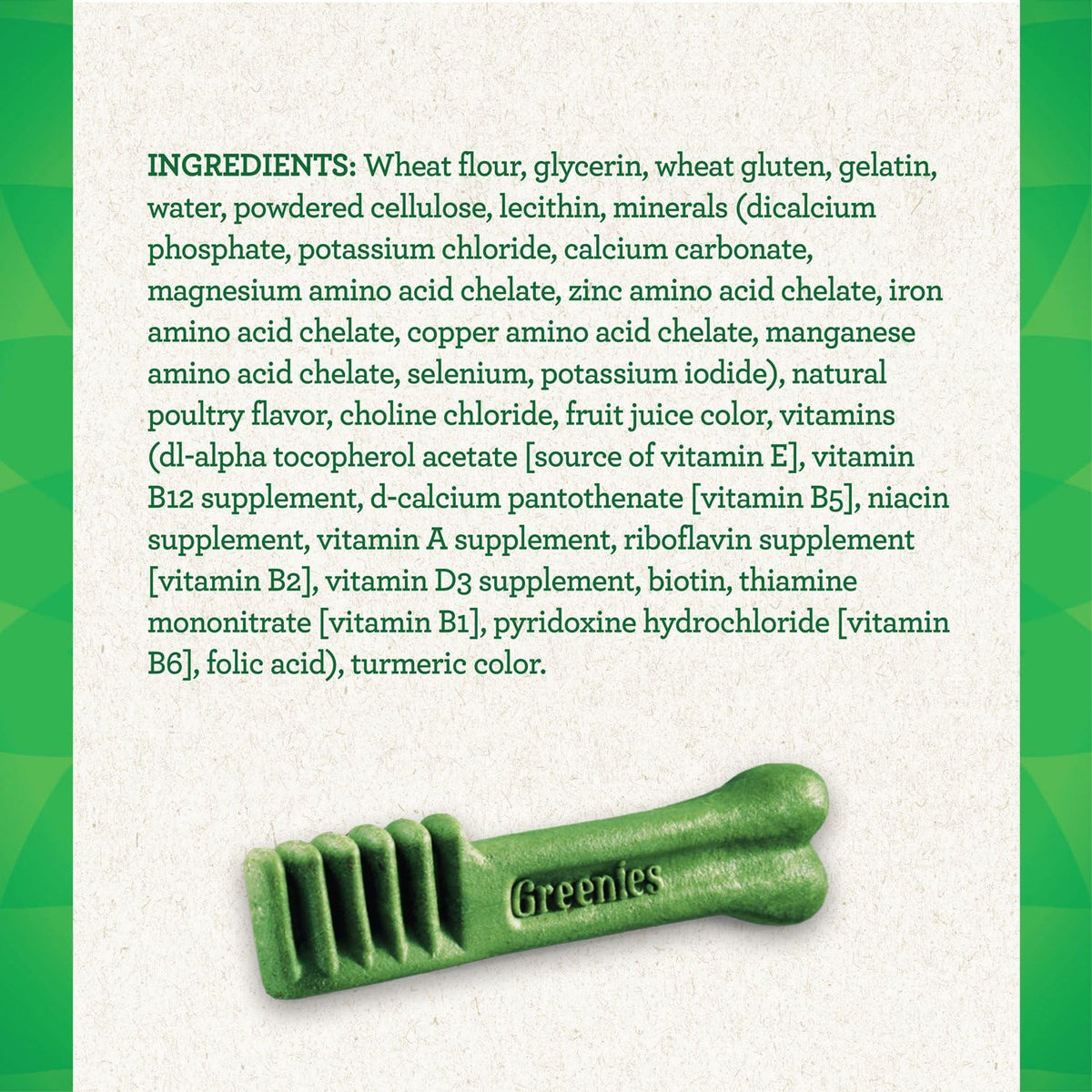 Greenies green ribbed dental chew bone shape with embossed logo