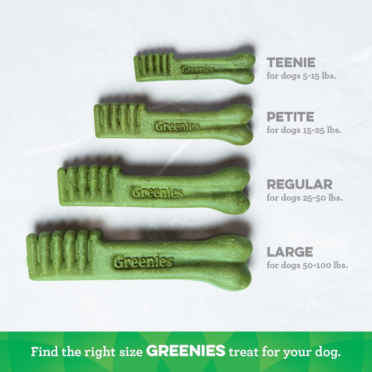 Assorted sizes of green ribbed dental chews arranged in a row