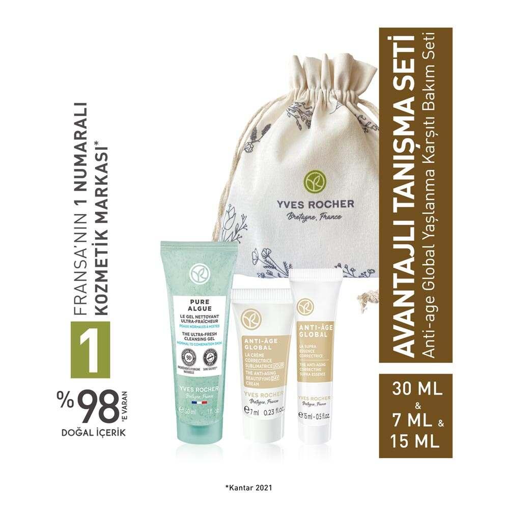 Yves Rocher anti-aging skincare set with drawstring pouch and mini cleanser, serum, cream