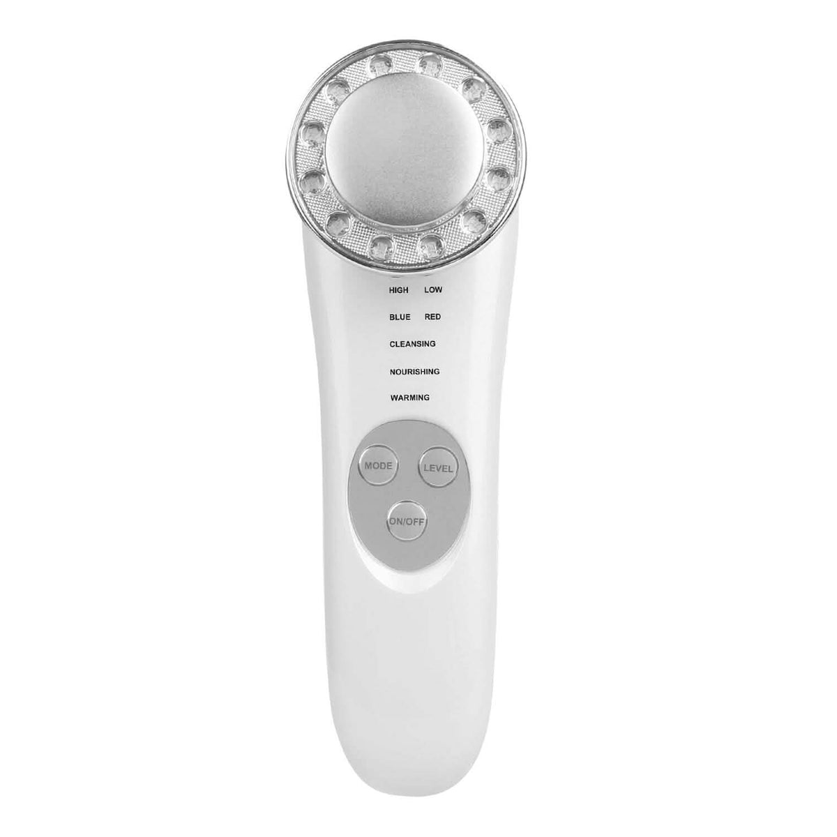 White handheld 7-in-1 facial massager with silver round ultrasonic head and control buttons
