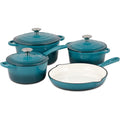 7-piece enameled cast iron cookware set, teal with three lidded pots and skillet