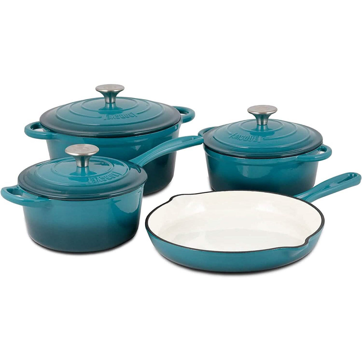 7-piece enameled cast iron cookware set, teal with three lidded pots and skillet