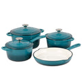 Teal enameled cast iron cookware set with covered pots and skillet