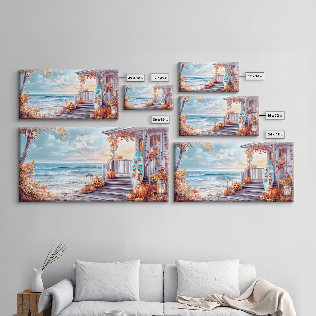 Set of framed autumn beach porch canvas prints arranged on a wall