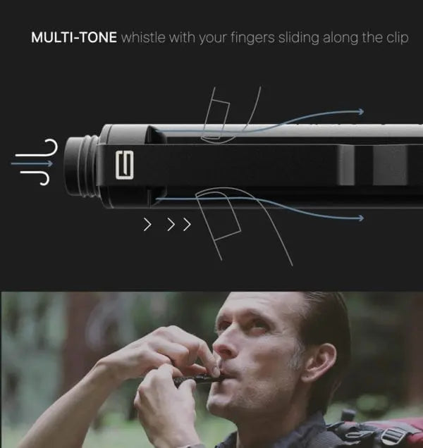 Bolt-action EDC pen with clip and slide whistle feature illustration