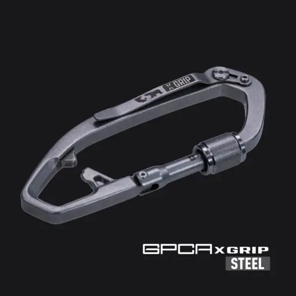 Steel dog leash clip with locking grip, dark gray metal and black strap