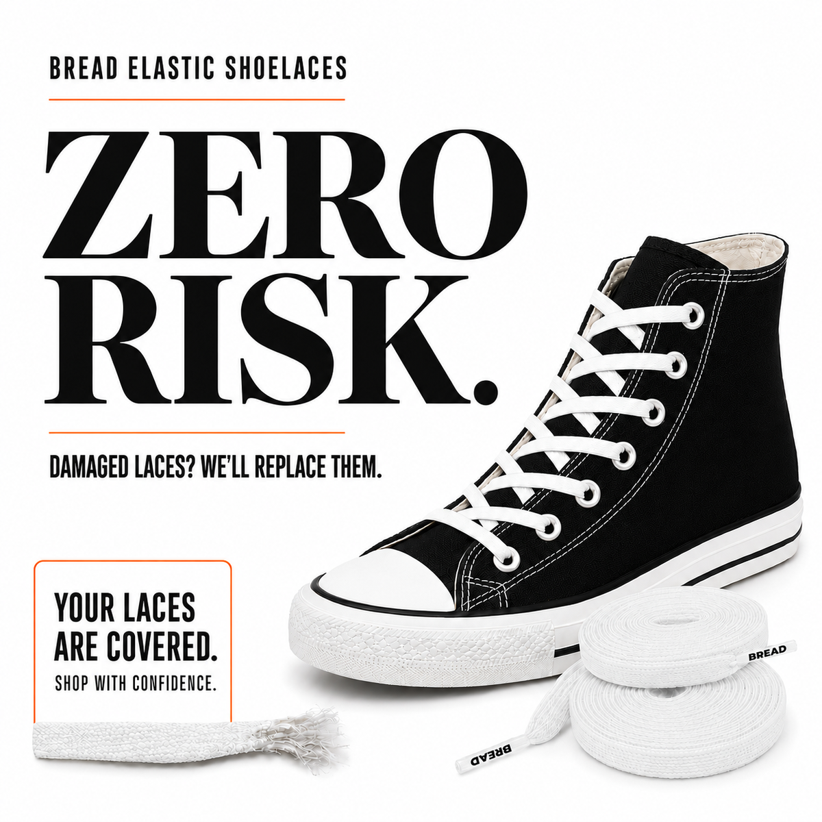 Black high-top shoe with white elastic shoelaces plus extra lace rolls
