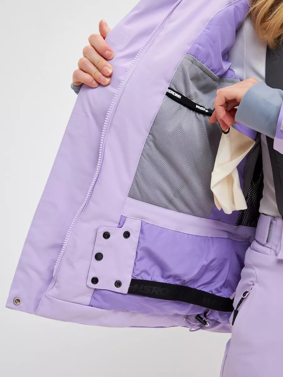 Lilac ski jacket open chest pocket with gray mesh lining and black trim