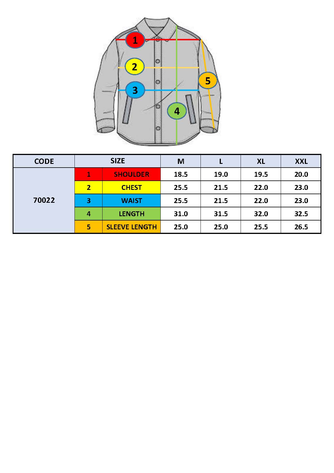 Airman coat size chart with shoulder, chest, waist, length, and sleeve length for S–XXL