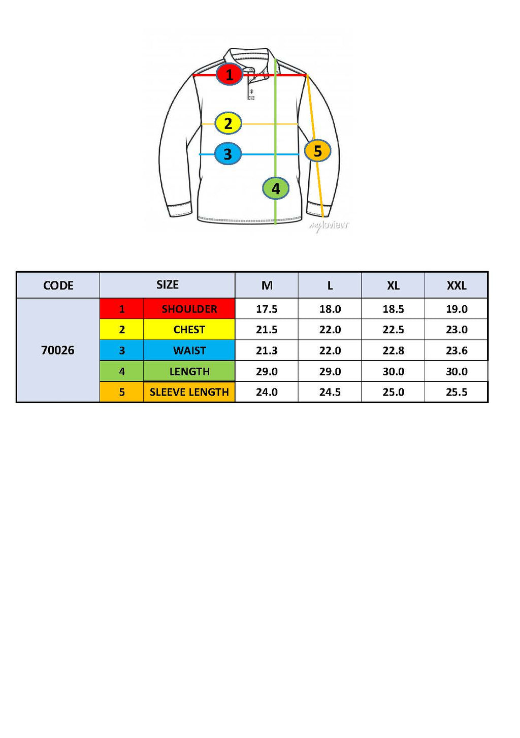Size chart diagram for polo shirt: shoulder, chest, sleeve and length measurements