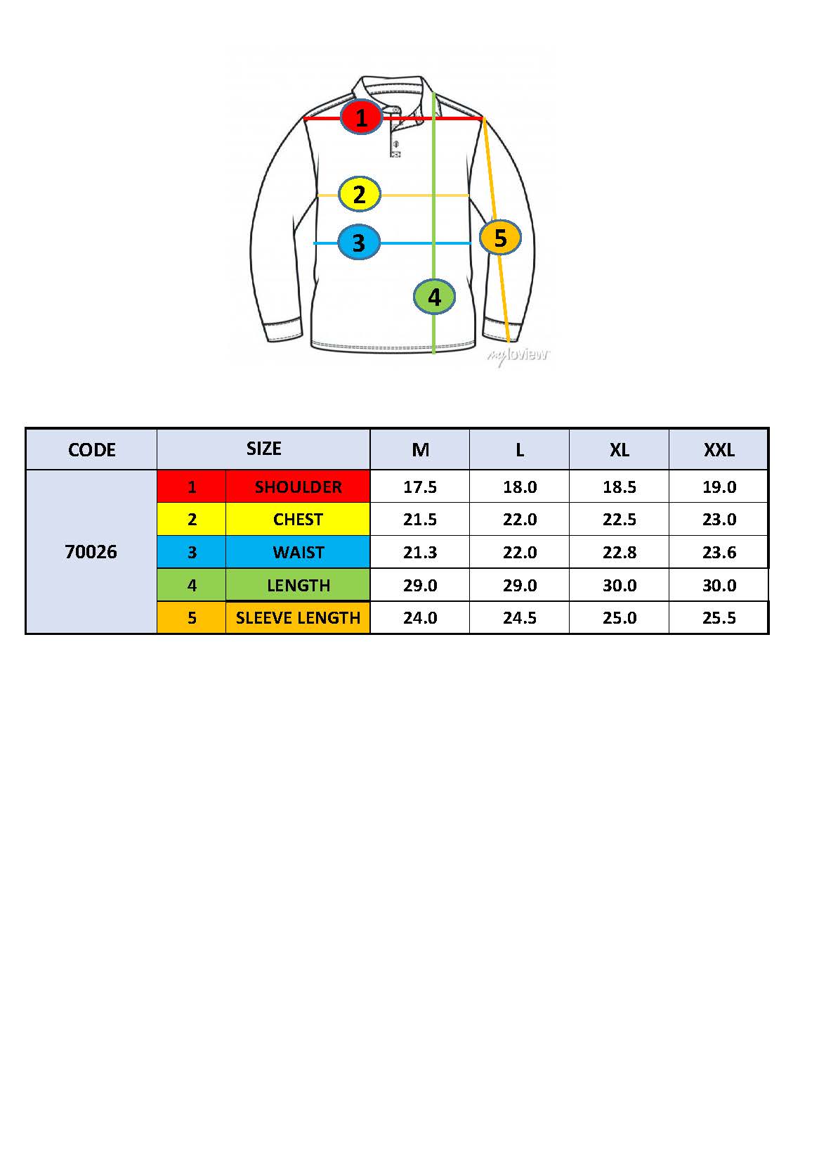 Polo shirt size chart diagram with shoulder, chest, waist, and sleeve length