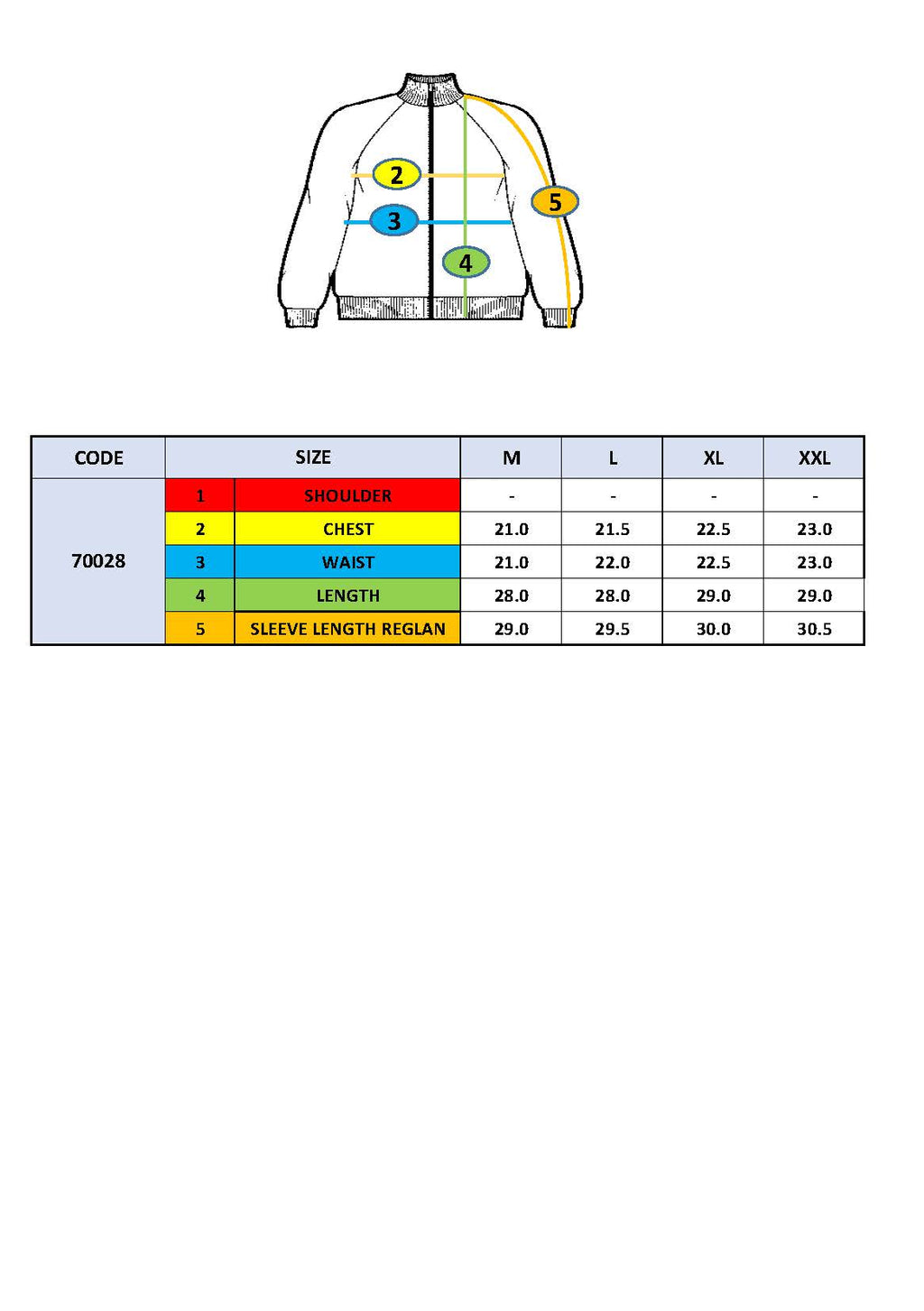 Sweater size chart showing chest and sleeve length measurements for M–XXL