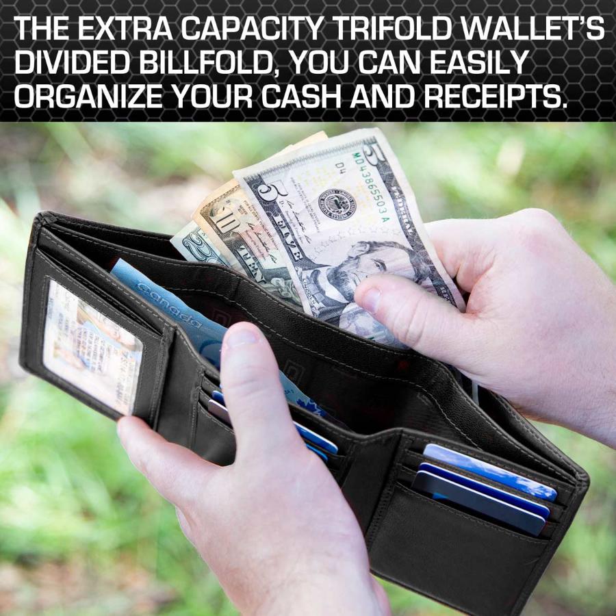 Black leather trifold wallet with cash and card slots partially opened