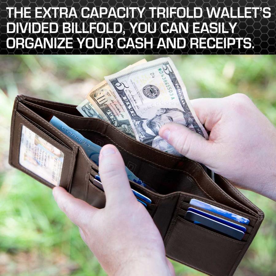 Brown trifold RFID wallet open with bills and cards in front pockets