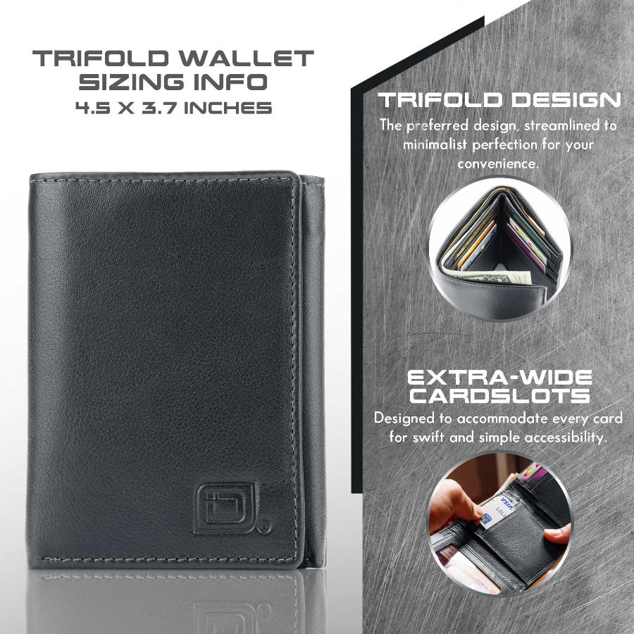 Black leather trifold wallet, front view with embossed logo and ID window