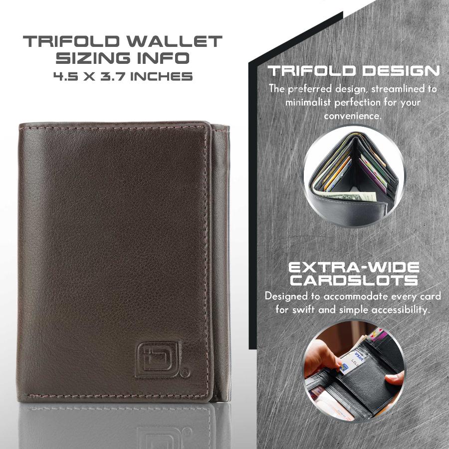 Trifold leather RFID wallet in brown, stitched edges and front logo patch