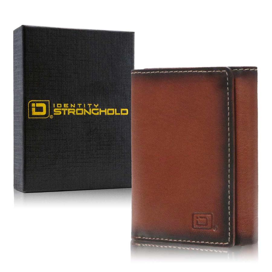 Brown leather trifold wallet beside dark box, both with embossed logo