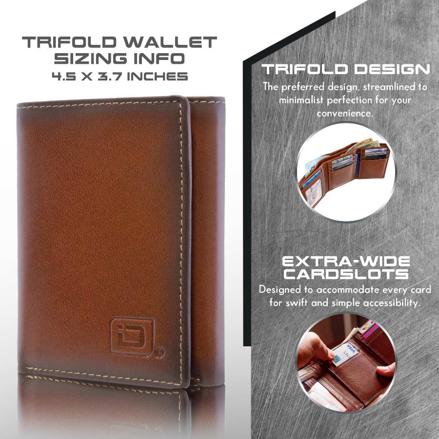 Brown leather trifold wallet, front view with embossed logo and ID window