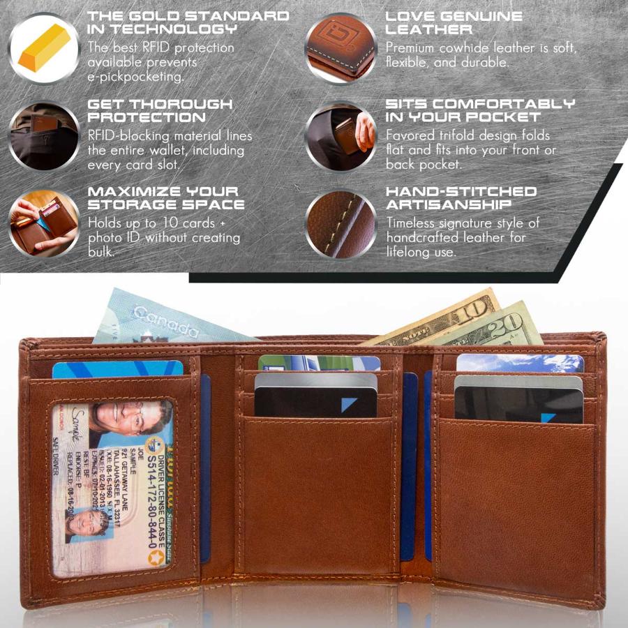 Brown trifold wallet opened to show card slots and clear ID window