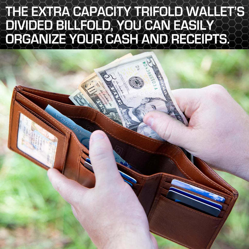 Brown leather trifold wallet with cash and multiple card slots partially opened