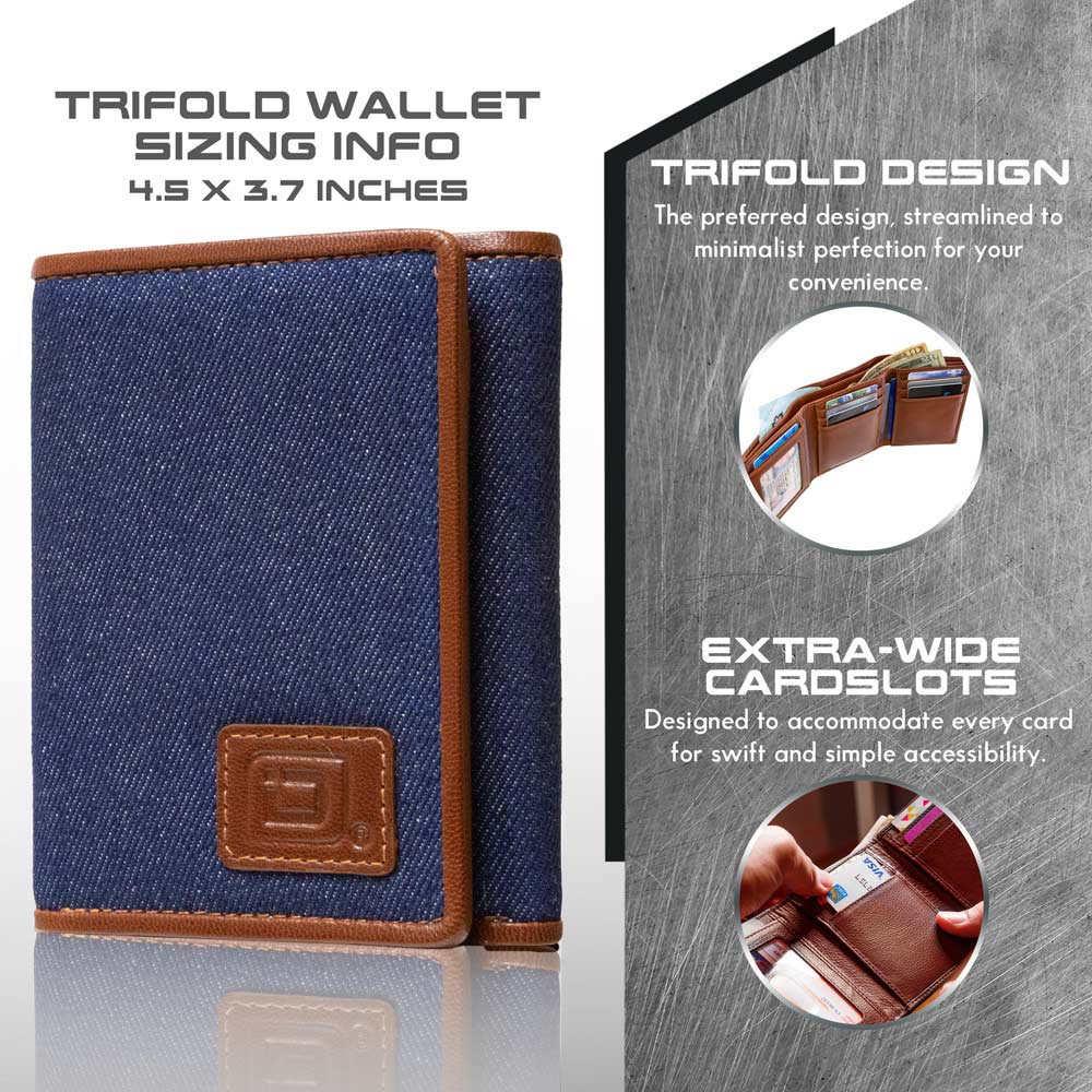 Denim trifold RFID wallet front view with tan trim and leather logo patch