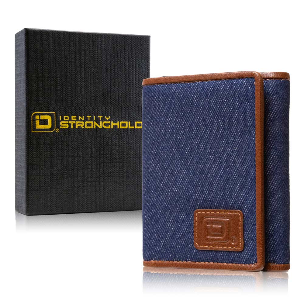 Denim RFID trifold wallet with tan trim and leather logo patch