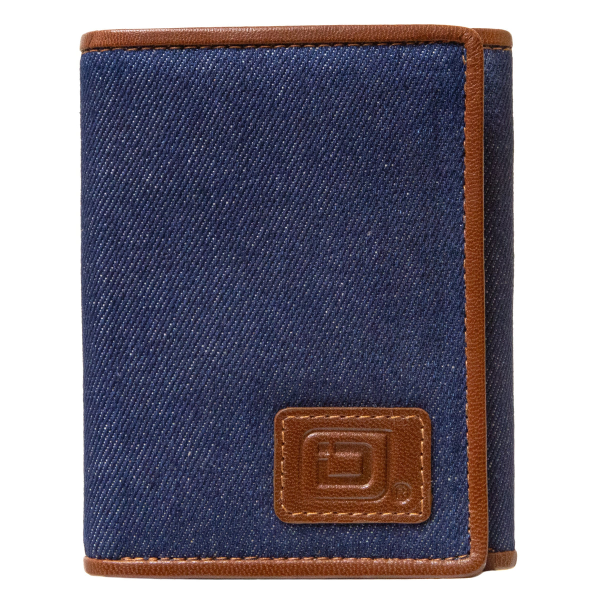 Denim RFID trifold wallet with tan leather trim and front logo patch