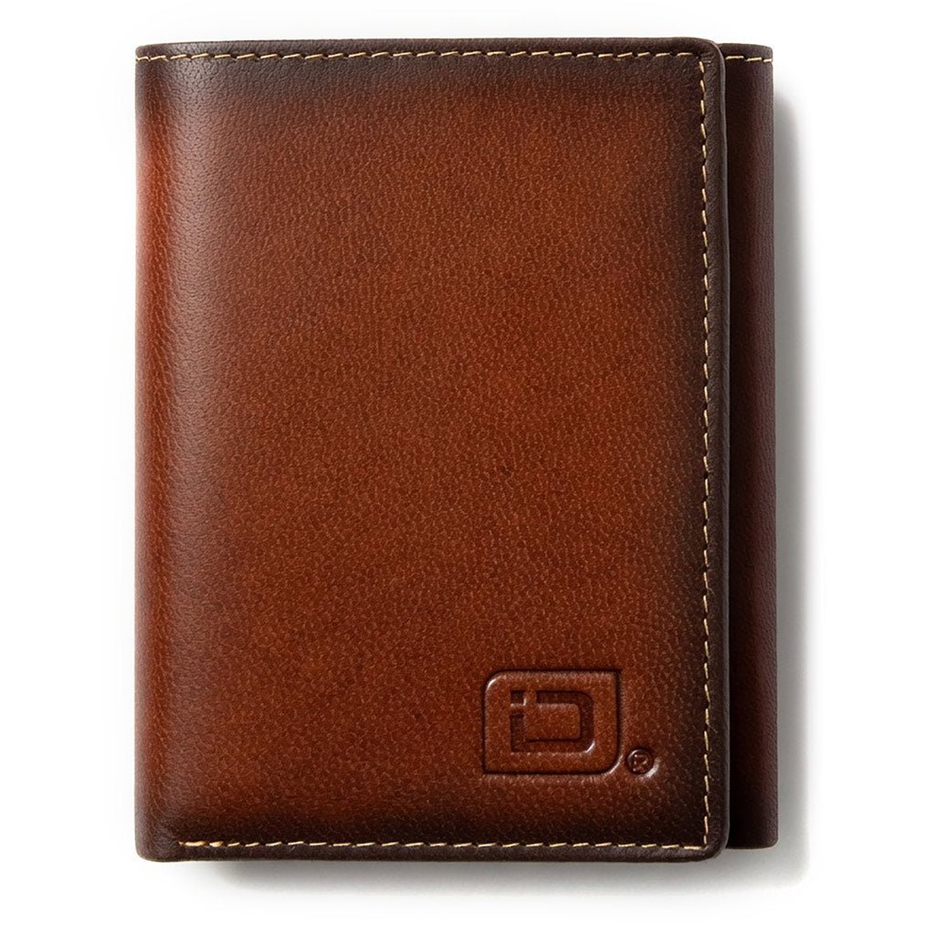 Brown leather trifold wallet with embossed logo and contrast stitching