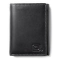 Black leather trifold wallet with ID window and embossed logo on the front